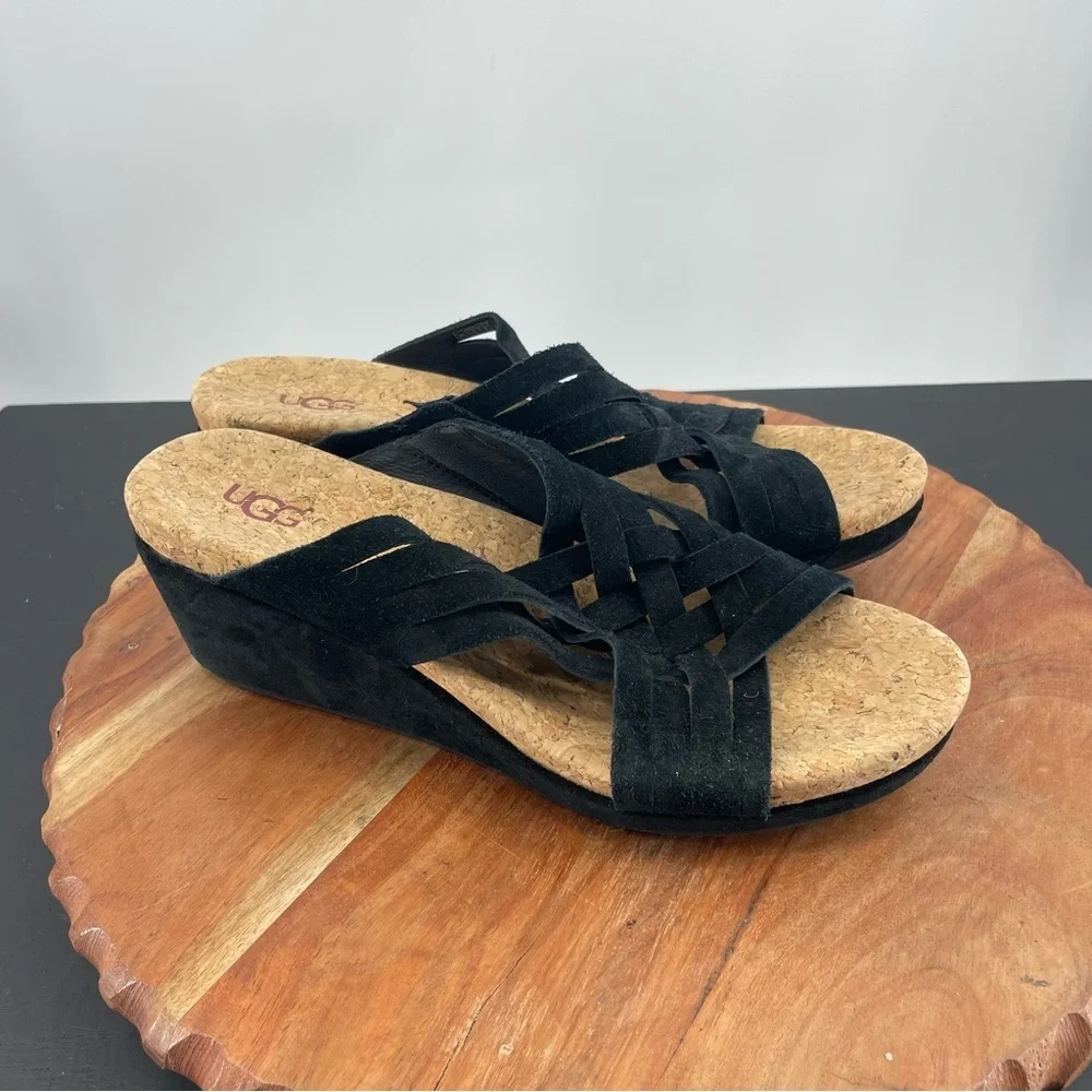 Ugg Australia Lilah wedge woven Sandals black suede Sz‎ 8 1019976